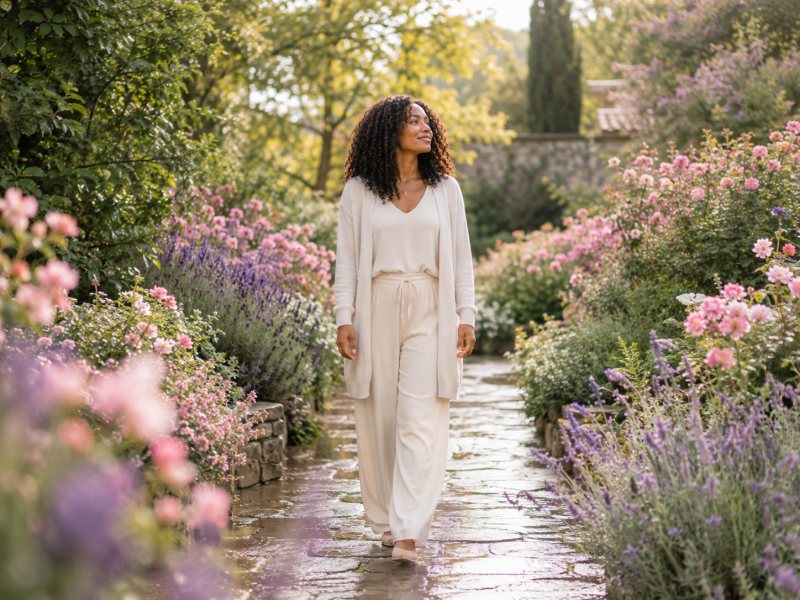 Mulher caminhando devagar por um jardim florido