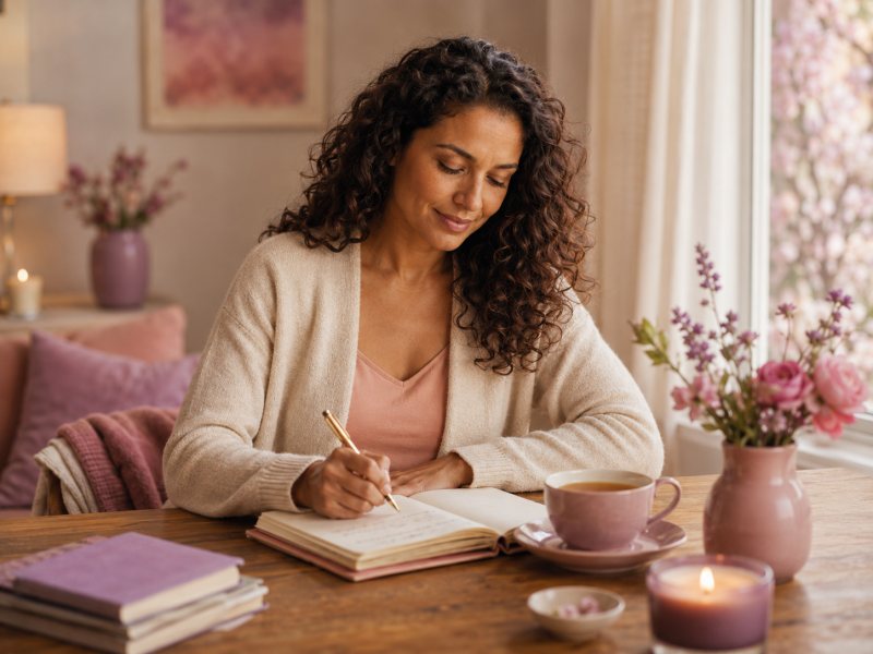 Mulher escrevendo em um caderno junto à janela
