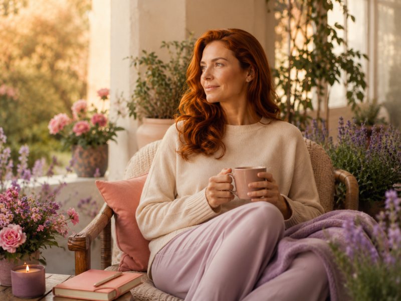 Mulher sentada entre flores em uma manhã clara, com uma xícara