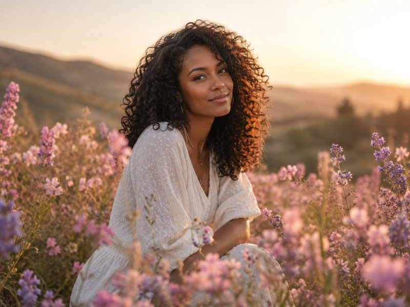Mulher sentada entre flores, em silêncio, ao entardecer