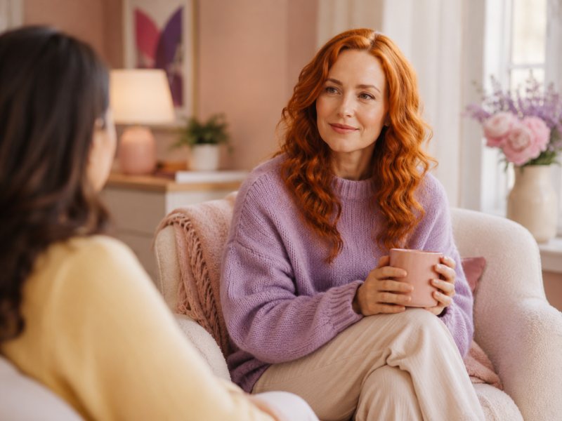 Duas mulheres conversando frente a frente em uma sala clara