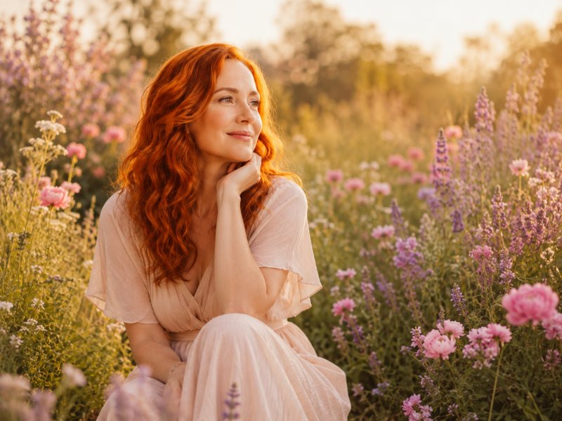 Mulher em um campo de flores na luz do fim da tarde