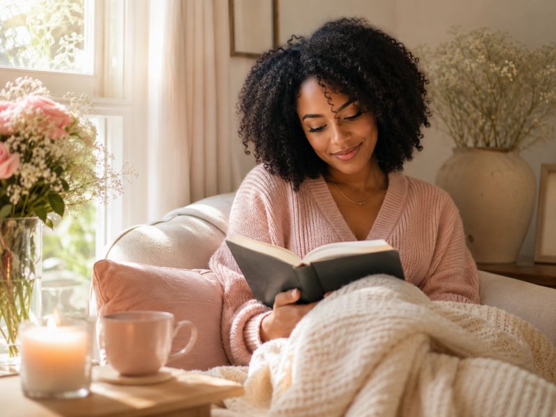 Mulher lendo um livro à luz que entra pela janela