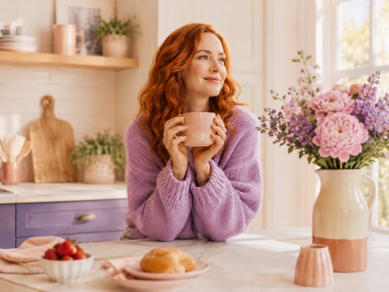 Mulher apoiada na bancada da cozinha pela manhã, com café e flores por perto